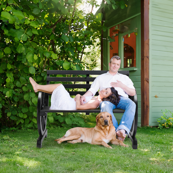 Rustic 2-Person Wooden Wagon Wheel Bench with Slatted Seat and Backrest, Black