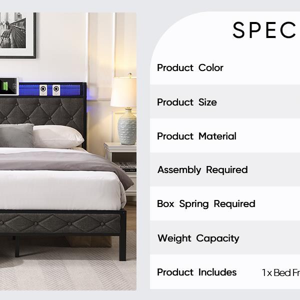 King Bed Frame with Storage Headboard, Charging Station and LED Lights, Upholstered Platform Bed with Heavy Metal Slats, No Box Spring Needed, Noise Free, Easy Assembly, Dark Gray