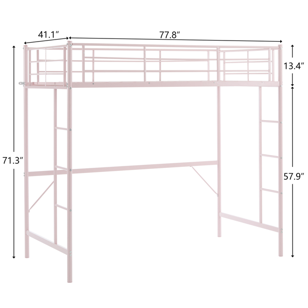 Twin Size Metal Loft Bed with Safety Guardrails & 2 Built-in Ladders, Loft Bunk Bed Frame for Teens Juniors Adults, Space Saving, Noise Free, No Box Spring Needed, Pink