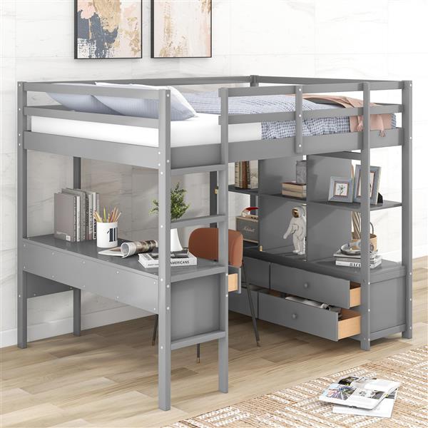 Full Size Loft Bed with Built-in Desk with Two Drawers, and Storage Shelves and Drawers,Gray