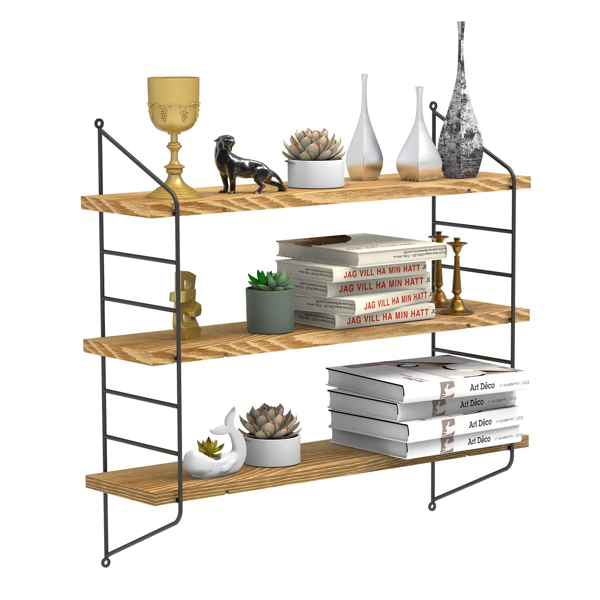 23-Inch Modern Industrial Metal and Torched Wood Adjustable Wall Mounted 3-Tier Display Floating Shelf