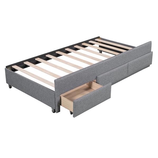 Full Size Upholstered Platform Bed with Pull-out Twin Size Trundle and 3 Drawers, Gray