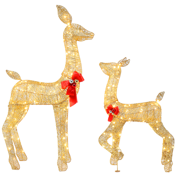 2-Piece Lighted Christmas Deer Family, Outdoor Yard Decoration Set with 210 LEDs Warm White Light, Gold