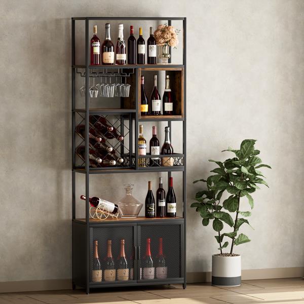 82.7" Industrial Tall Black Bar Wine Rack Cabinet with Glass Holder Wood Home Bar Cabinet