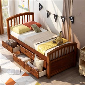 . Twin Size Platform Storage Bed Solid Wood Bed with 6 Drawers