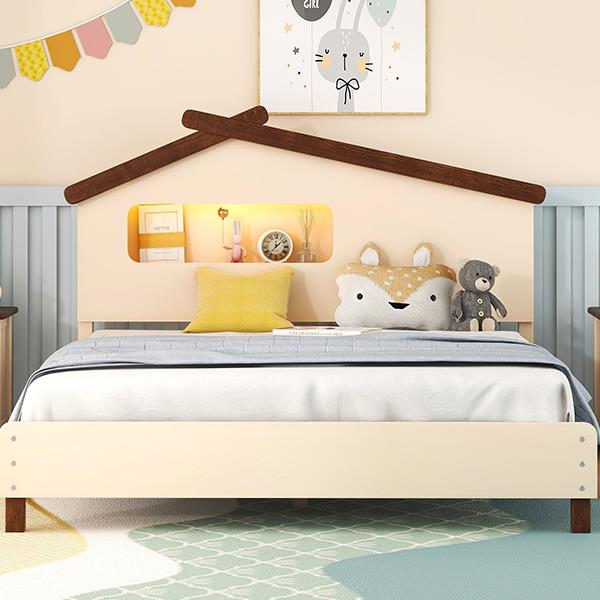 Full Size Wood Platform Bed with House-shaped Headboard and Motion Activated Night Lights (Cream+Walnut)