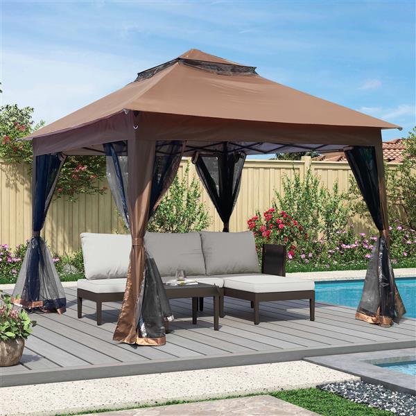 Outdoor 11x 11Ft Pop Up Gazebo Canopy With Removable Zipper Netting,2-Tier Soft Top Event Tent,Suitable For Patio Backyard Garden Camping Area with 4 Sandbags,Brown