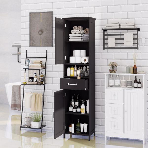 Double Door Narrow Height Slim Floor Standing Cabinet with 2 Adjustable Shelves-Black 