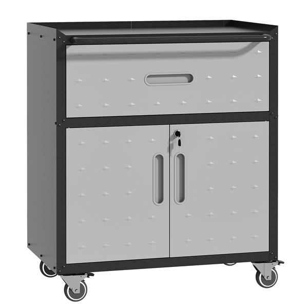 Sturdy and Durable Metal Tool Cabinet for Garage with Wheels - Mobile Heavy-Duty Storage Cabinet with 1 Drawer and 2 Locking Doors, Rolling Tool Storage Cabinet, Black and Gray