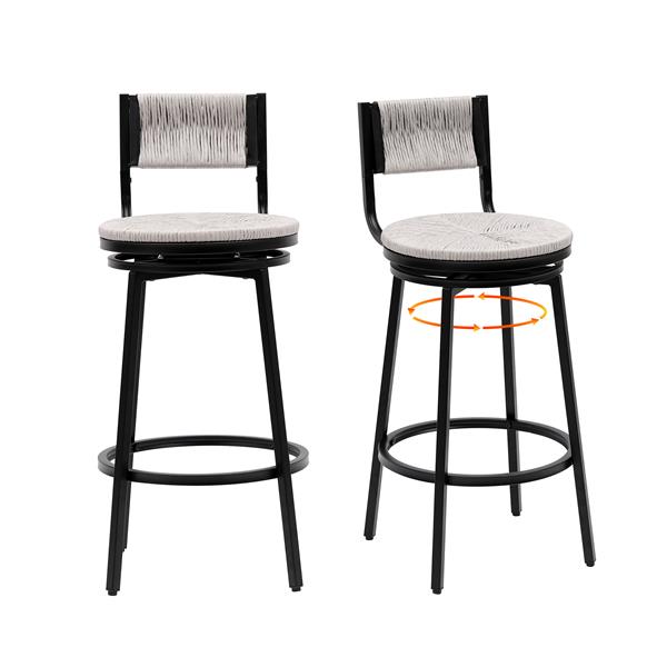 Gray Set of 2 Counter Height Bar Stools with Footrest Swivel Hand Weaving Dining Chairs Farmhouse Armless Kitchen Barstools (Gray)