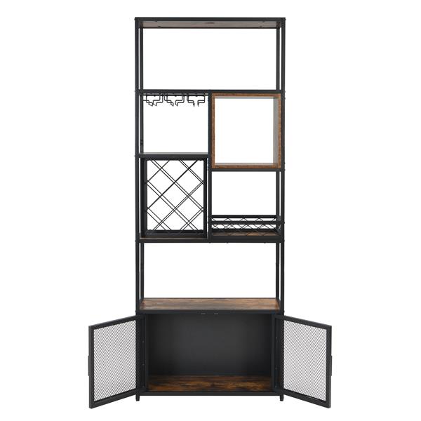 82.7" Industrial Tall Black Bar Wine Rack Cabinet with Glass Holder Wood Home Bar Cabinet