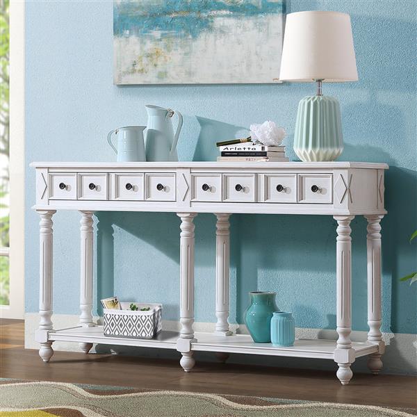 Retro Console Table Entryway Table 58" Long Sofa Table with 2 Drawers in Same Size and Bottom Shelf for Storage (Antique White)