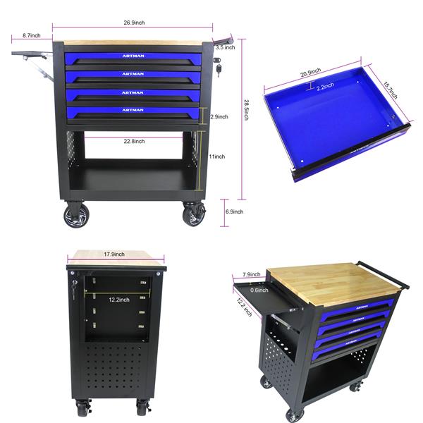 4 DRAWERS MULTIFUNCTIONAL TOOL CART WITH WHEELS AND WOODEN TOP-BLUE