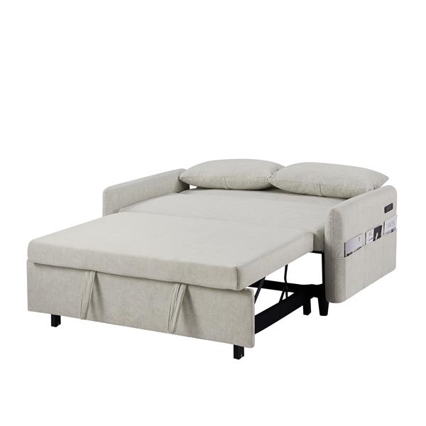 55.1" Pull Out Sleep Sofa Bed Loveseats Sofa Couch with Adjsutable Backrest, Storage Pockets, 2 Soft Pillows, USB Ports for Living Room, Bedroom, Apartment, Office, Beige