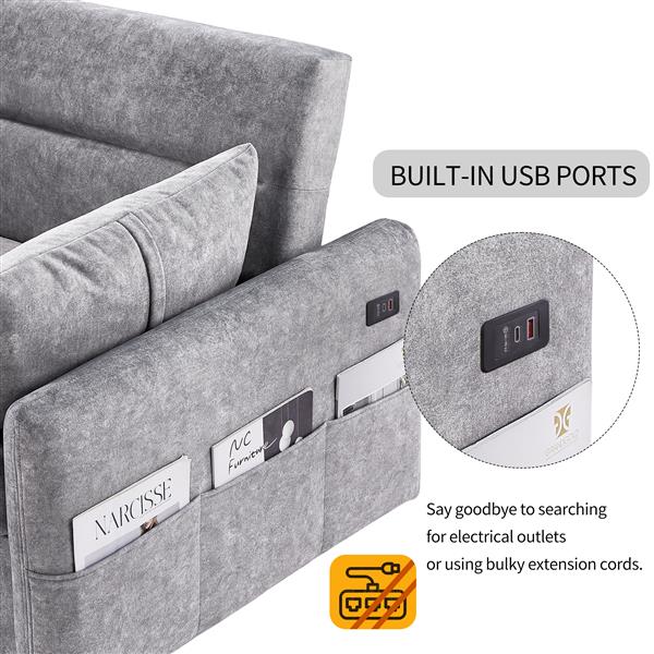 55.1" Pull Out Sleep Sofa Bed Loveseats Sofa Couch with Adjsutable Backrest, Storage Pockets, 2 Soft Pillows, USB Ports for Living Room, Bedroom, Apartment, Office,Grey