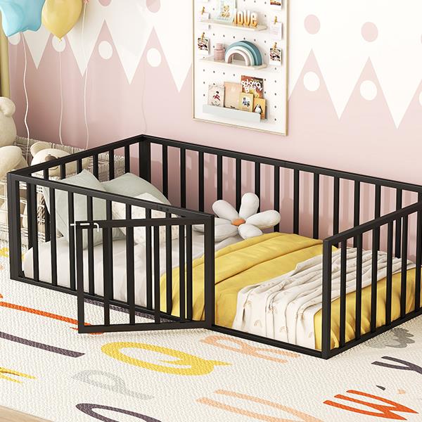 Twin Size Metal Floor Bed Frame with Fence and Door, Black