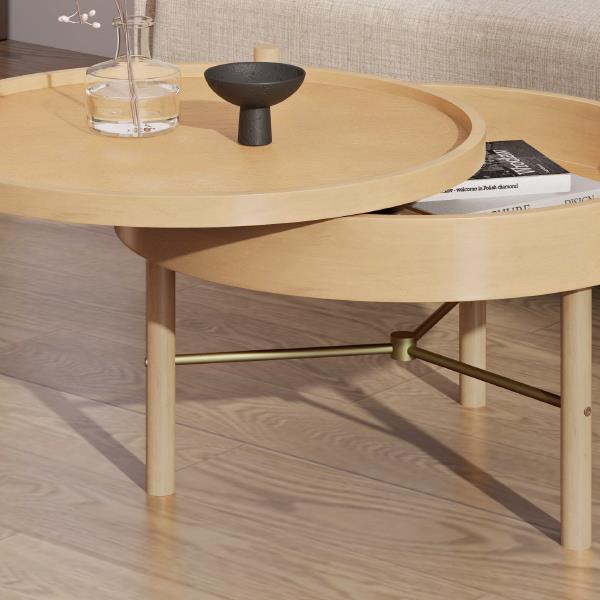 Modern Round Wood Rotating Tray Coffee Table with Storage & Metal Legs in Natural