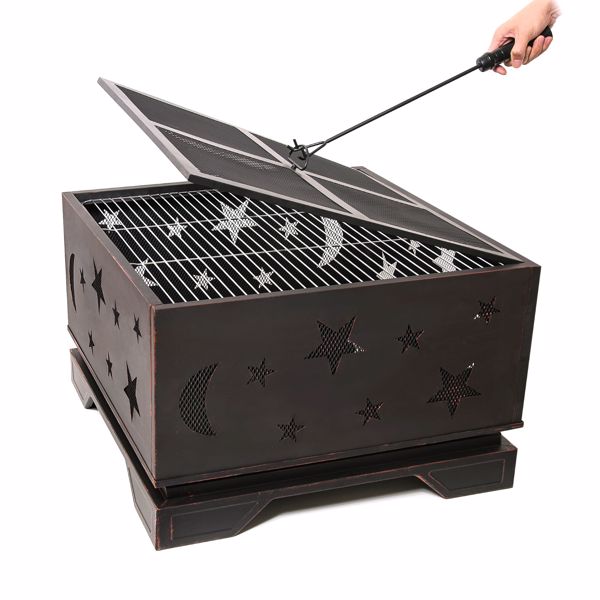 26 Inch Square Fire Pit with BBQ Grill, Outdoor Wood Burning Firepit with Poker, Large Burning Space Fireplace for Patio Garden Camping Backyard Picnic Bonfire 