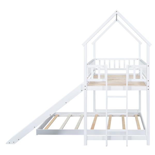 Twin over Full House Bunk Bed with Slide and Built-in Ladder, Full-Length Guardrail, White