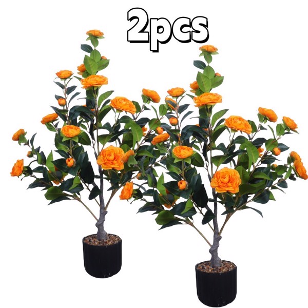 2pcs Artificial Camellia Tree, 35in Faux Camellia Plant in Pot with Orange Flowers for Spring Home Front Door Outdoor Indoor Decoration