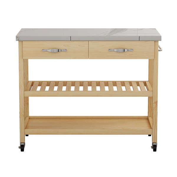 Stainless Steel Countertop Solid Wood Kitchen Cart with Storage Drawers and Shelves, Rotatable Kitchen Island with Steel Table Top and Tower Rack, Rolling Utility Trolley Cart for Kitchen and Dining