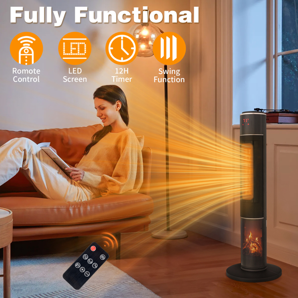 ZOKOP 33" Tower Space Heater with 3D Flame, 1500W Portable Electric Heater with Thermostat, 60° Oscillation, Timer, Remote Control, for Indoor Bedroom Office Home, Black