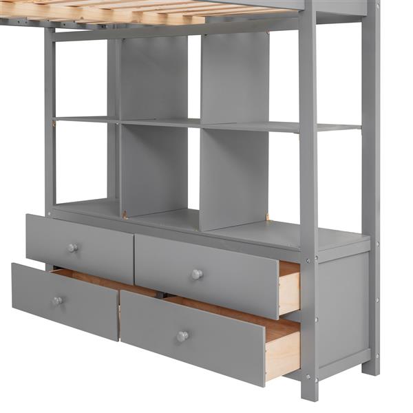 Full Size Loft Bed with Built-in Desk with Two Drawers, and Storage Shelves and Drawers,Gray