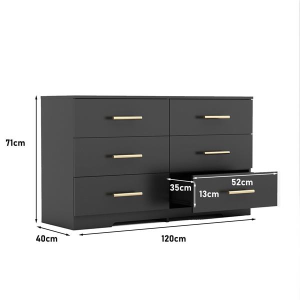 Black color Large 6 drawers chest of drawer dressers table with golden handle（Mirror not included）