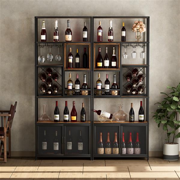 82.7" Industrial Tall Black Bar Wine Rack Cabinet with Glass Holder Wood Home Bar Cabinet