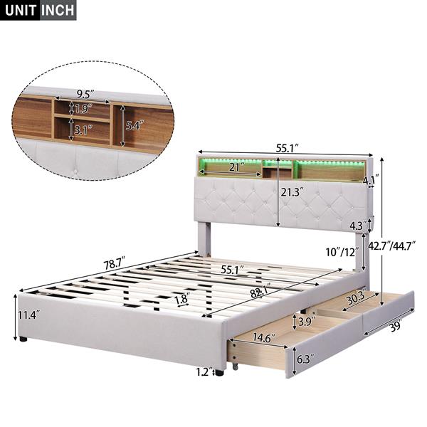 Full Size Upholstered Platform Bed with Storage Headboard, LED, USB Charging and 2 Drawers, Beige