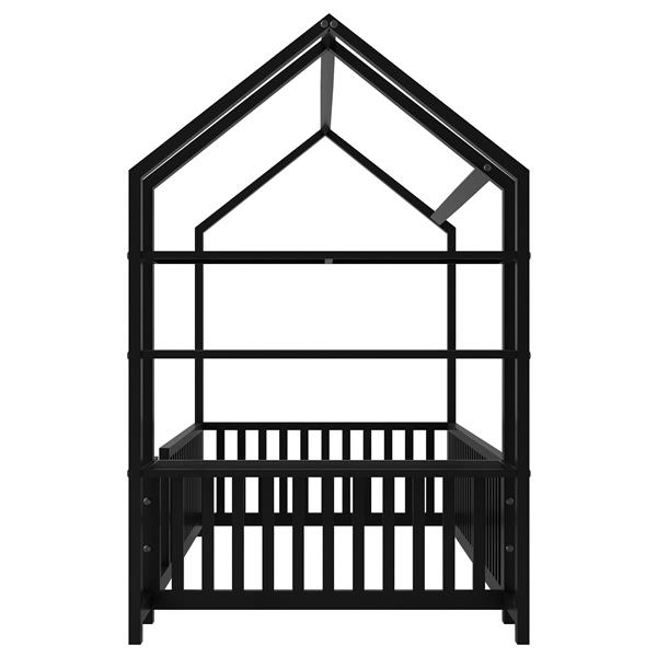 Twin Size Metal House Bed with Fence and Detachable Storage Shelves, Black