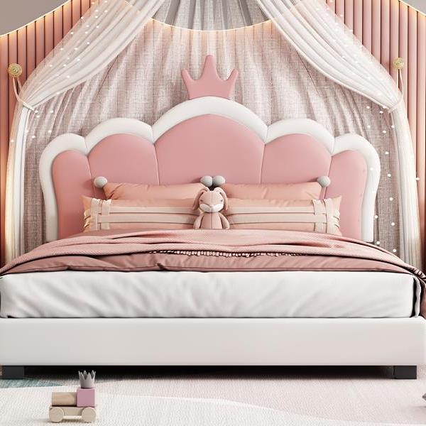 Full size Upholstered Princess Bed With Crown Headboard,Full Size Platform Bed with Headboard and Footboard, White+Pink