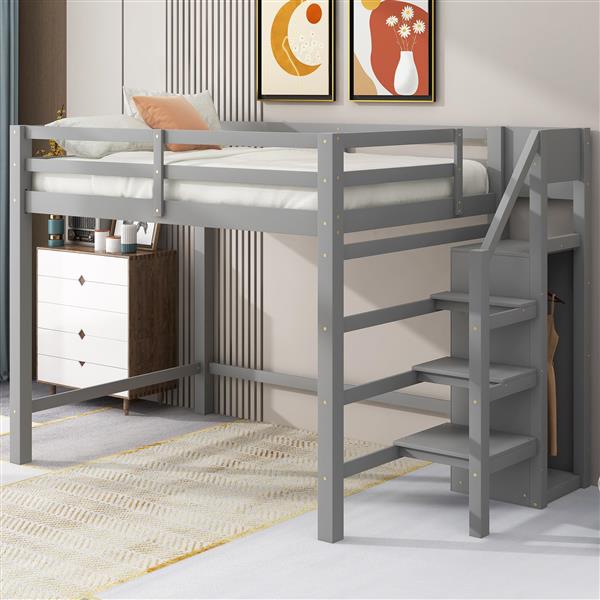 Full Size Loft Bed with Built-in Storage Wardrobe and Staircase, Gray