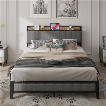 Queen Size Bed Frame with Charging Station, Upholstered Headboard, Metal Platform, Grey