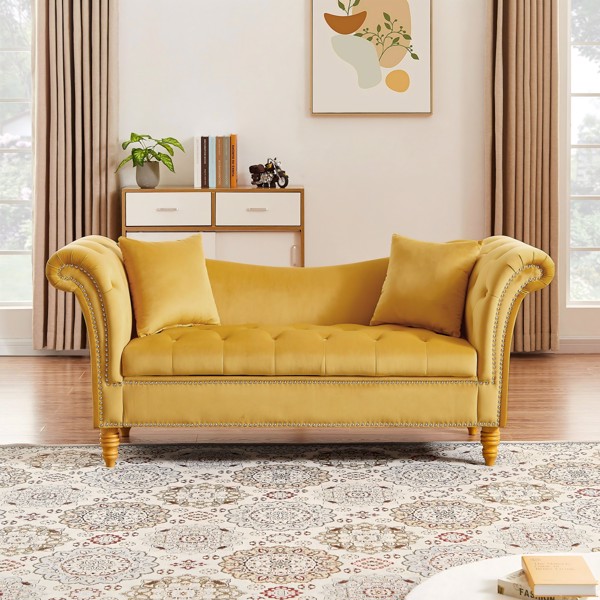 浅棕色带2个枕头的天鹅绒沙发凳，带存储空间，适用于客厅和休息室-3