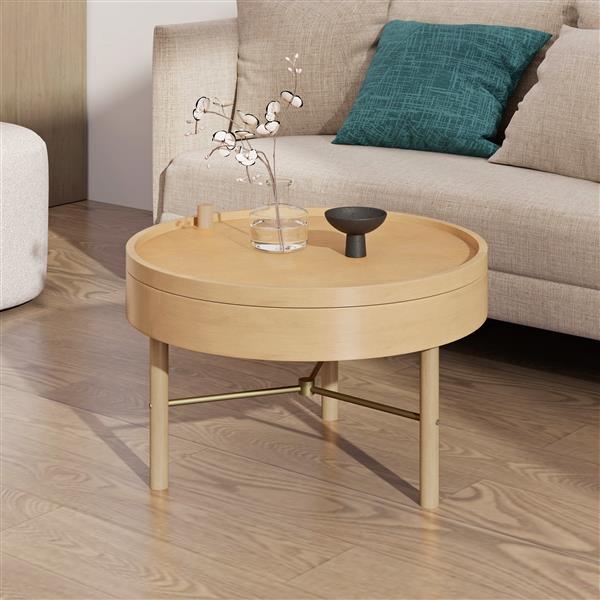 Modern Round Wood Rotating Tray Coffee Table with Storage & Metal Legs in Natural