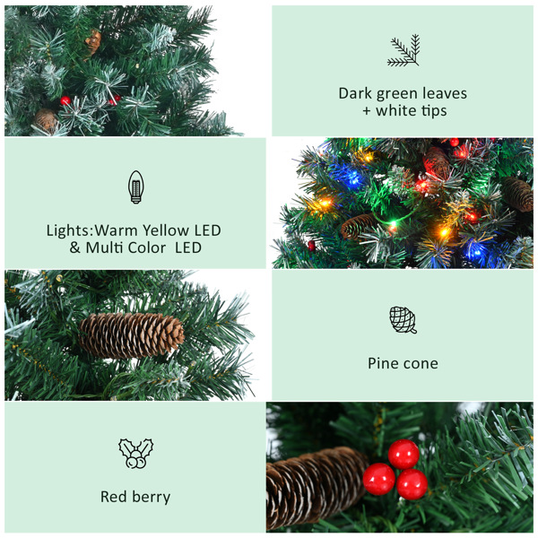 6FT Dark Green Pine Christmas Tree, Pre-Lit Set with Tree & Garland & Wreath, Hinged Artificial Xmas Tree with White Tips, Red Berries and Pine Cones, 11 Colorful Modes, Indoor Holiday Decoration 