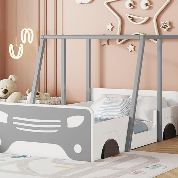 Twin Size Car-shaped Bed with Roof,Wooden Twin Floor Bed with wheels and door Design,Montessori Inspired Bedroom,Grey