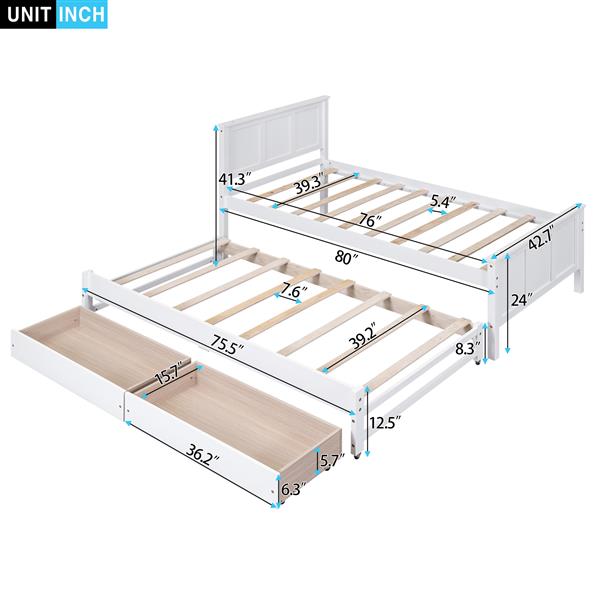 Twin Size Platform Bed with Trundle and Drawers, White