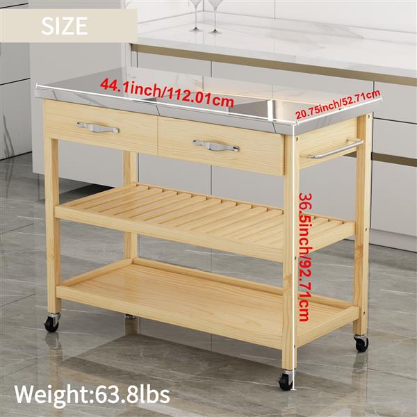 Stainless Steel Countertop Solid Wood Kitchen Cart with Storage Drawers and Shelves, Rotatable Kitchen Island with Steel Table Top and Tower Rack, Rolling Utility Trolley Cart for Kitchen and Dining