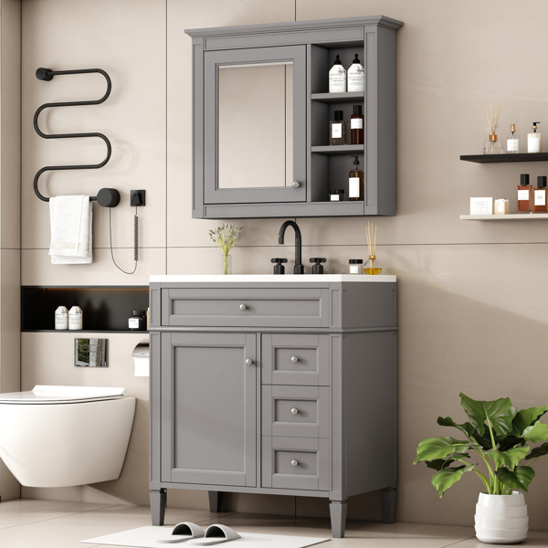 30'' Bathroom Vanity with Top Sink, Modern Bathroom Storage Cabinet with 2 Drawers and a Tip-out Drawer, Freestanding Vanity Set with Mirror Cabinet, Single Sink Bathroom Vanity 