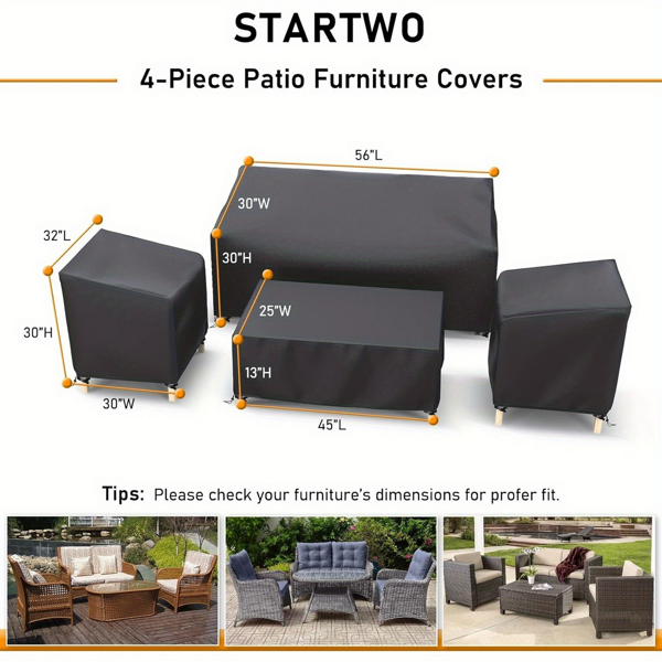 Outdoor Furniture Cover, 4 Piece Patio Furniture Covers Set, Heavy Duty Lawn Patio Covers for 1xSofa Cover, 2xChair Covers, 1xCoffee Table Cover with Windproof Buckle Strap, Black