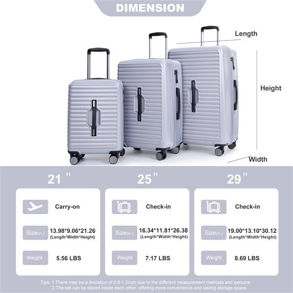 3 Piece Luggage Sets PC+ABS Lightweight Suitcase with Two Hooks, 360° Double Spinner Wheels, TSA Lock, (21/25/29) Gray