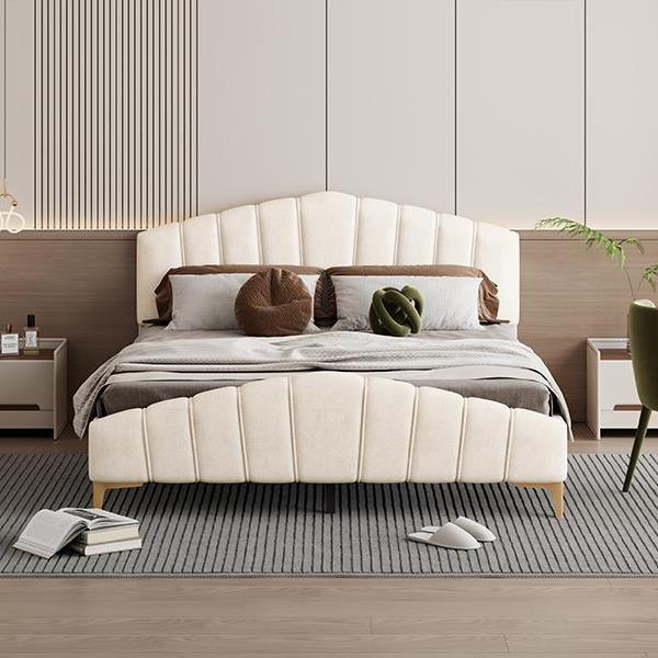 Queen Size Velvet Platform Bed with Thick Fabric, Stylish Stripe Decorated Bedboard and Elegant Metal Bed Leg, Beige