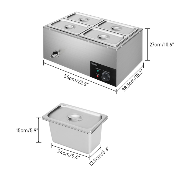 ZOKOP 110V 600W 5L*4 Stainless Steel Four Plates Heating Food Warming Soup Pool Silver