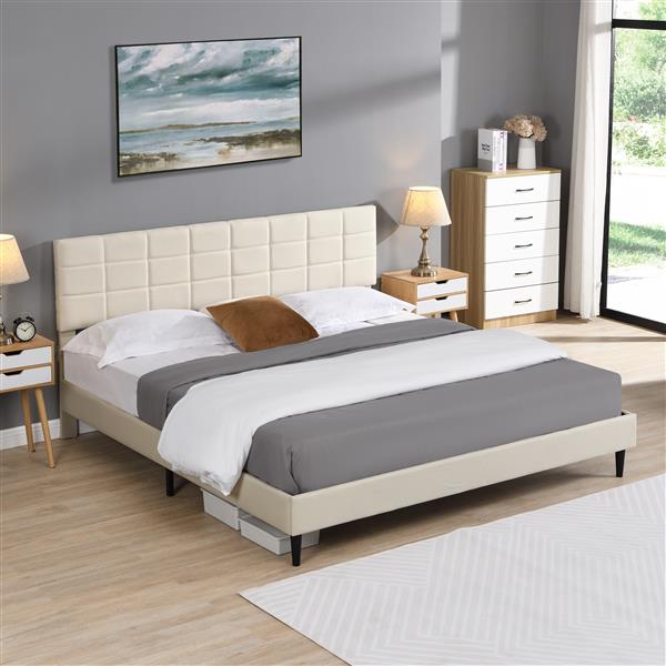 King Size Platform Bed Frame with Fabric Upholstered Headboard and Wooden Slats, No Box Spring Needed/Easy Assembly, Dark Beige