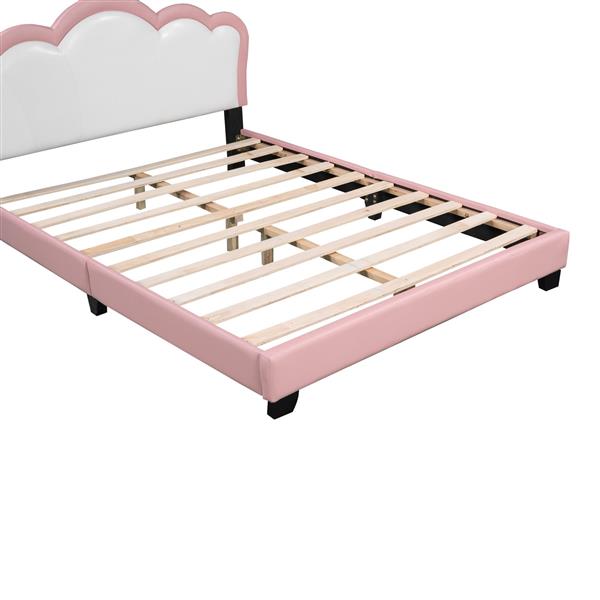 Full size Upholstered Princess Bed With Crown Headboard,Full Size Platform Bed with Headboard and Footboard,White+Pink