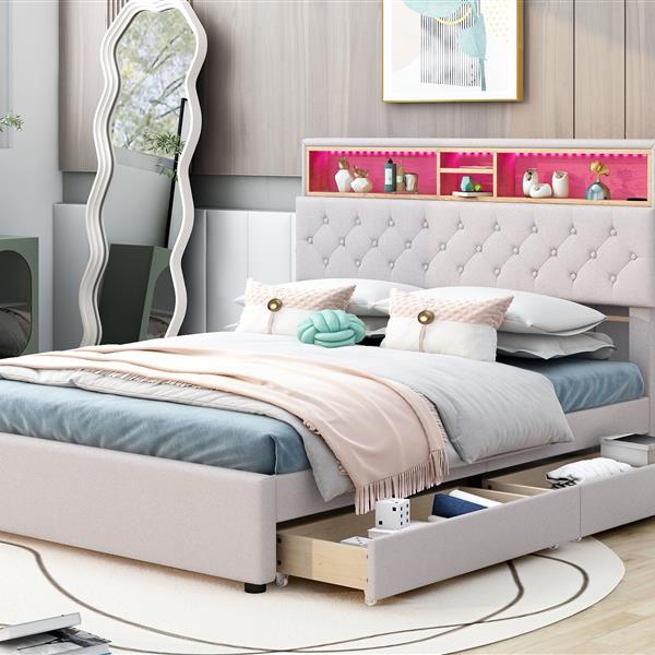 Full Size Upholstered Platform Bed with Storage Headboard, LED, USB Charging and 2 Drawers, Beige