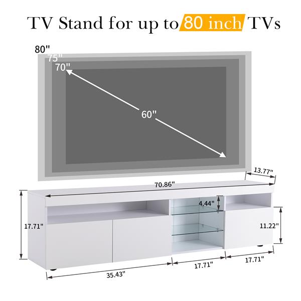 Modern Design TV Stands for TVs up to 80'', LED Light Entertainment Center, Media Console with Multi-Functional Storage, TV cabinet for Living room,Bedroom, Home Theatre