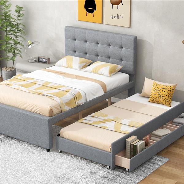 Full Size Upholstered Platform Bed with Pull-out Twin Size Trundle and 3 Drawers, Gray